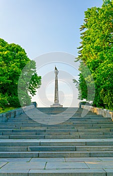 Stairway leading to the slavin military cemetery in Bratislava with a monument to the soviet army...IMAGE