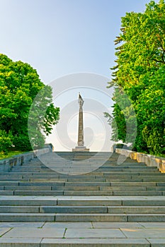 Stairway leading to the slavin military cemetery in Bratislava with a monument to the soviet army...IMAGE