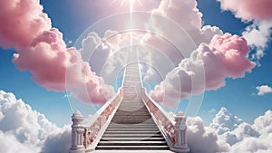 Stairway leading up to bright light with clouds, heaven concept.