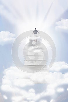 Stairway Leading Up To Heavenly Sky Toward The Light, Person walking to Heaven light