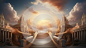 Stairway Leading Up To Sky At Sunrise - Resurrection And Entrance Of Heaven. Generative AI