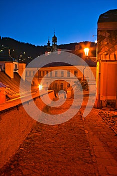 Stairway over Dolna Ruzova street in Banska Stiavnica town during autumn evening