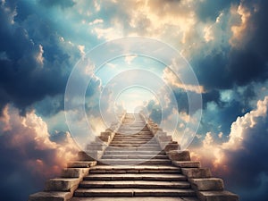 stairway reaches up to heaven divine light on sunset clouds in the sky