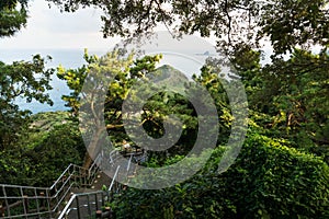 Stairway at Sanbang mountain with view to dragon head at Yongmeori Coast, Sanbang-ro, Jeju Island, South Korea