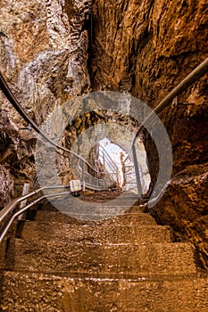 Stairway for speleological visits in limestone caves