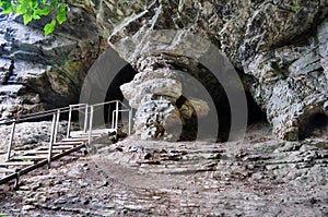 Stairway to Ahshtyrskaya cave in Sochi National Park, Russia.