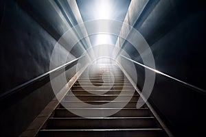Stairway to Heaven with bright white light on the top. Life after death concept. Generative AI.