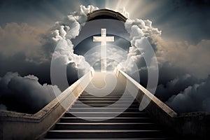 Stairway to heaven in the clouds with cross at the end