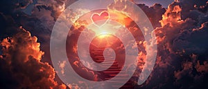 The Stairway to Heaven. Concept with clouds and sun. A red heart shaped sky at sunset. A love background with text.