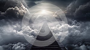 Stairway to heaven concept. Stairs leading up through the clouds to a bright light in the sky