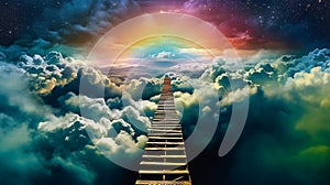 Stairway to heaven concept. Stairs leading up through the clouds to a bright light in the sky