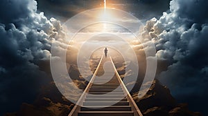 Stairway to heaven, with flare effects and clouds around, a place regarded in various religions as the abode of God and