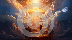 Stairway to heaven, with flare effects and clouds around, a place regarded in various religions as the abode of God and