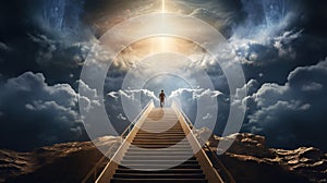 Stairway to heaven, with flare effects and clouds around, a place regarded in various religions as the abode of God and