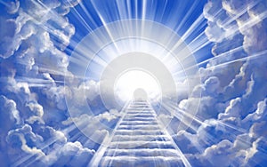 Stairway to heaven in glory, gates of Paradise, meeting God, symbol of Christianity, art illustration painted with photo