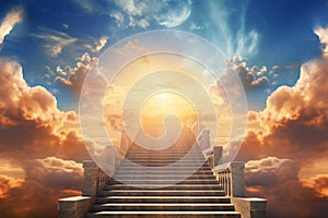 Stairway to heaven in heavenly concept. Religion background. Stairway to paradise in a spiritual concept. Stairway to light in