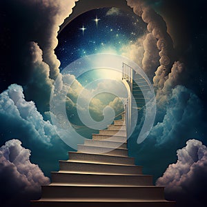 Stairway to heaven with moon and stars. 3D rendering