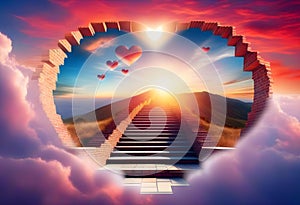 Stairway to Heaven.Stairs in sky. Concept with sun and clouds