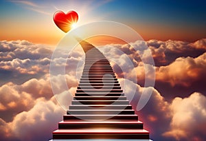 Stairway to Heaven.Stairs in sky. Concept with sun and clouds