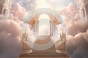 Stairway to Heaven. Stairs in sky. Concept with sun and white clouds. Concept Religion background