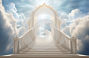 Stairway to Heaven. Stairs in sky. Concept with sun and white clouds. Concept Religion background