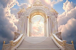 Stairway to Heaven. Stairs in sky. Concept with sun and white clouds. Concept Religion background