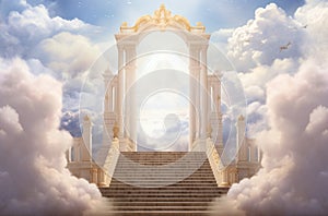 Stairway to Heaven. Stairs in sky. Concept with sun and white clouds. Concept Religion background