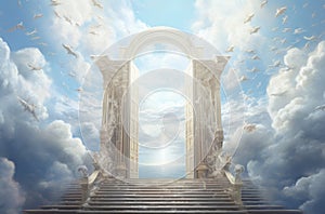 Stairway to Heaven. Stairs in sky. Concept with sun and white clouds. Concept Religion background