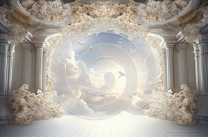 Stairway to Heaven. Stairs in sky. Concept with sun and white clouds. Concept Religion background