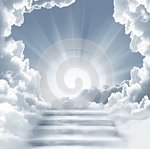 Stairway to Heaven.Stairs in sky.  Concept with sun and white clouds. Religion  background