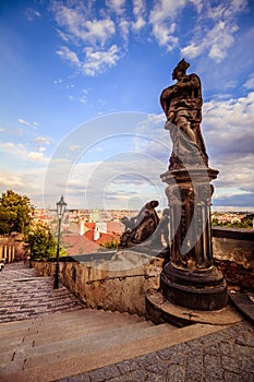 The Stairway to the Prague Castle in summer in Prague, Czech Republic