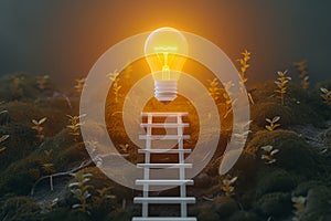 Stairway to success one leads to a glowing light bulb