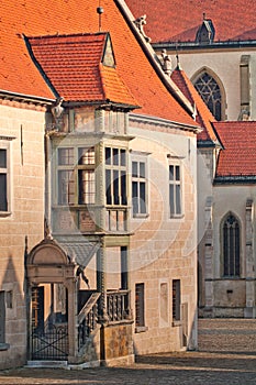 Stairway of Town Hall at Town Hall square in Bardejov town during summer evening