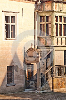 Stairway of Town Hall at Town Hall square in Bardejov town during summer evening