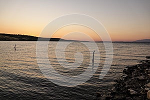 a stake in the ocean at sunset