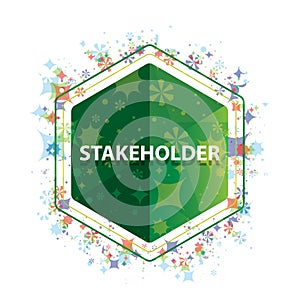 Stakeholder floral plants pattern green hexagon button