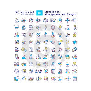 Stakeholder management and analysis RGB color icons set