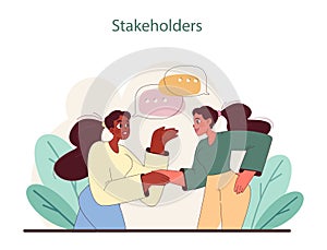 Stakeholders Engagement concept. Two individuals engage in dialogue, symbolizing collaborative.