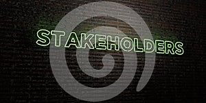 STAKEHOLDERS -Realistic Neon Sign on Brick Wall background - 3D rendered royalty free stock image