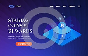 Staking Coins and Rewards UI UX vector web template for website header, banner, slider, landing page. Earn Passive Crypto income