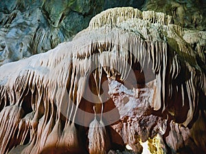 Stalactite formations inside Cave of the Lakes, Spilaio ton Limnon, in Kalavrita region, Greece