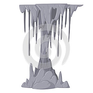 Stalactite limestone column. Stalagmite growth formations, natural cave rocks. Cartoon underground stalactite icicles flat vector