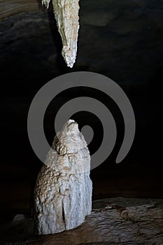 Stalactite and Stalagmite Formation in Dark Cave