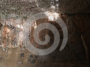 Stalactite and stalagmite of Postojna Cave.