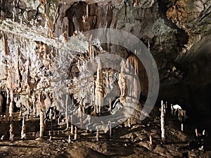 Stalactite and stalagmite of Postojna Cave.