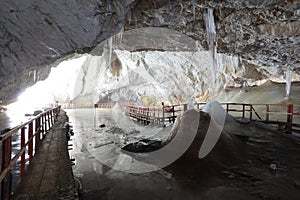 Stalactite and stalagmites from the Great Hall of the Scarisoara cave, Romania.