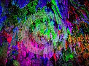 Stalactites in a cave in Jiuxiang, Yunnan, China.