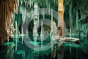 stalactites and stalagmites in an aquatic grotto