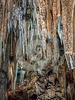 Stalactites and stalagmites background in Valporquero`s caves S