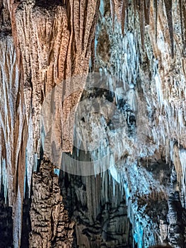 Stalactites and stalagmites background in Valporquero`s caves S